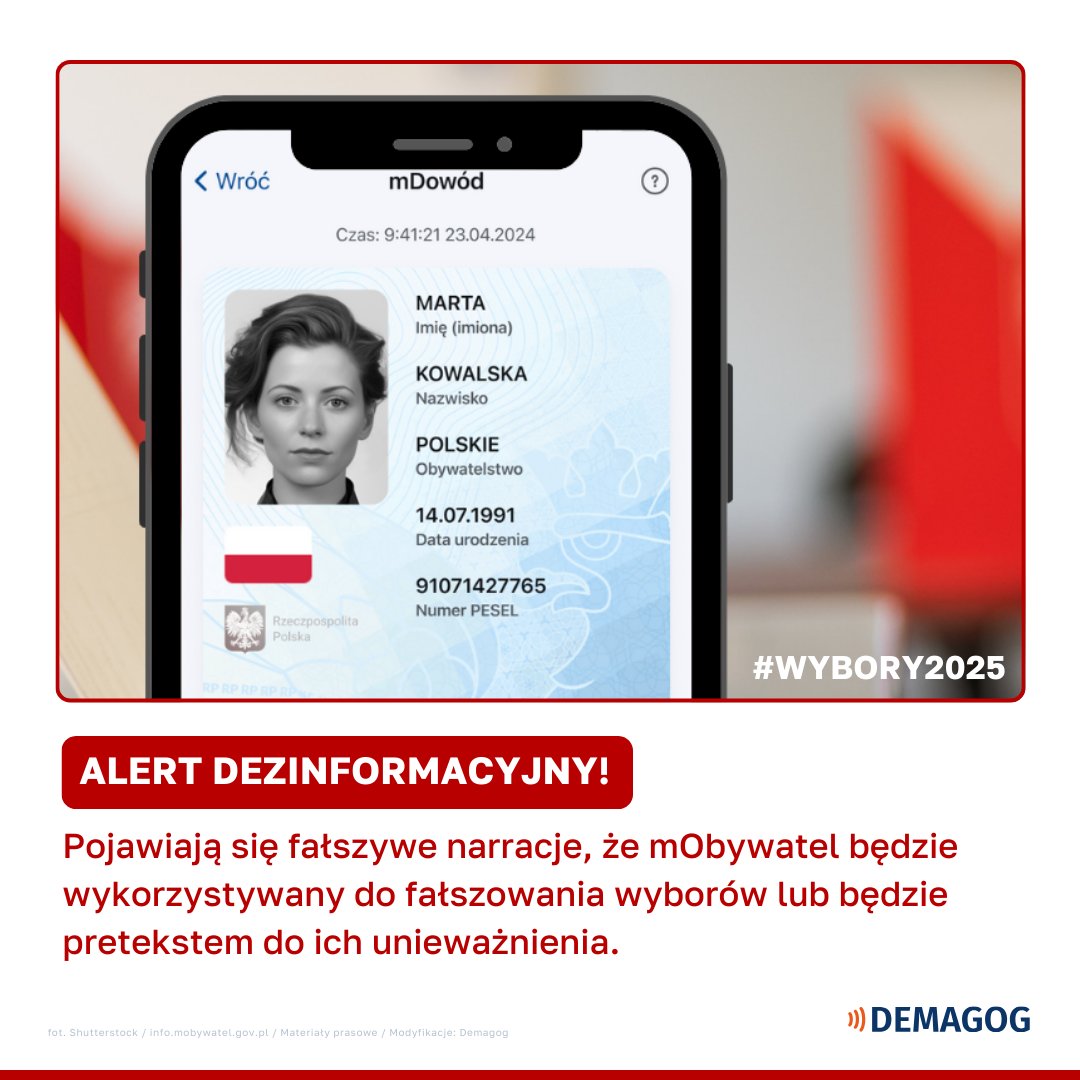 🔴 Alert Dezinformacyjny #WyboryPrezydenckie2025 

❗ W trakcie kampanii wyborczej pojawiają się fałszywe narracje, że aplikacja <a href="/mObywatelGOV/">mObywatel</a> będzie wykorzystywana do fałszowania wyborów lub będzie pretekstem do ich unieważnienia. Takie treści można znaleźć