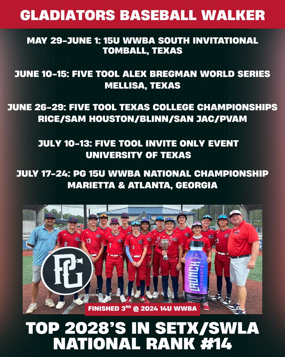 2025 summer schedule. <a href="/PrepBaseball_TX/">Prep Baseball Texas</a> <a href="/FiveToolTexas/">✭Five Tool Texas✭</a> <a href="/FiveTool/">Five Tool Baseball</a> <a href="/FiveToolSTX/">Five Tool South Texas</a> <a href="/Texas_PG/">Perfect Game Texas</a> <a href="/gladbaseballbmt/">gladiator.baseball</a> <a href="/Mowalker09/">Morgan Walker</a> <a href="/JasonTyner12/">Jason Tyner</a> <a href="/KellyCatholicBB/">KellyCatholicBaseball</a> <a href="/LathanWeaver34/">Lathan Weaver</a> <a href="/RylanChesser15/">Rylan</a> <a href="/jasonkeiser711/">Jason Keiser</a> <a href="/bradytran21/">Brady Tran</a> <a href="/PrepBaseballLA/">Prep Baseball Louisiana</a> <a href="/BrockBlessi2028/">Brock Blessington</a>