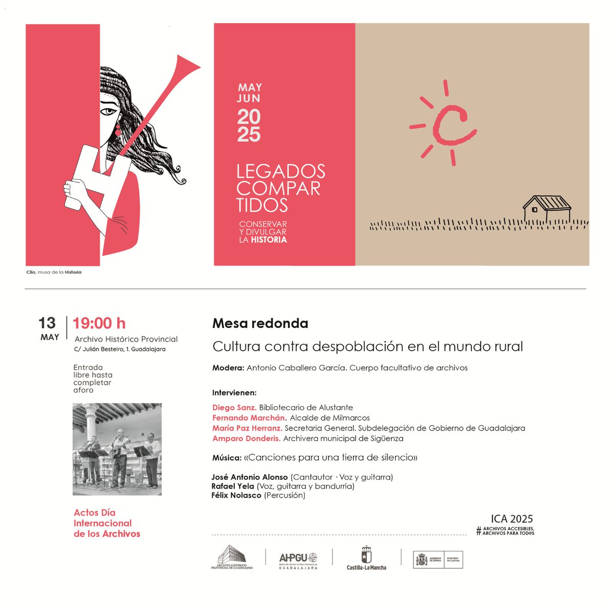 Invitación Actos Día de los Archivos 13 y 15 de mayo 2025.
Mesa redonda: Cultura contra Despoblación en el mundo rural, que tendrá lugar el 13 de mayo de 2025, a las 19 horas, en el Archivo Histórico Provincial de Guadalajara, dentro de los Actos del Dia de los Archivos.