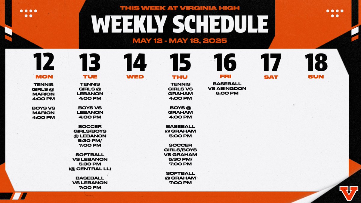With several games on this week's slate and a rough weather forecast, be sure to stay tuned for updates and changes to this week's schedule. 🎾⚽️🥎⚾️⛈️