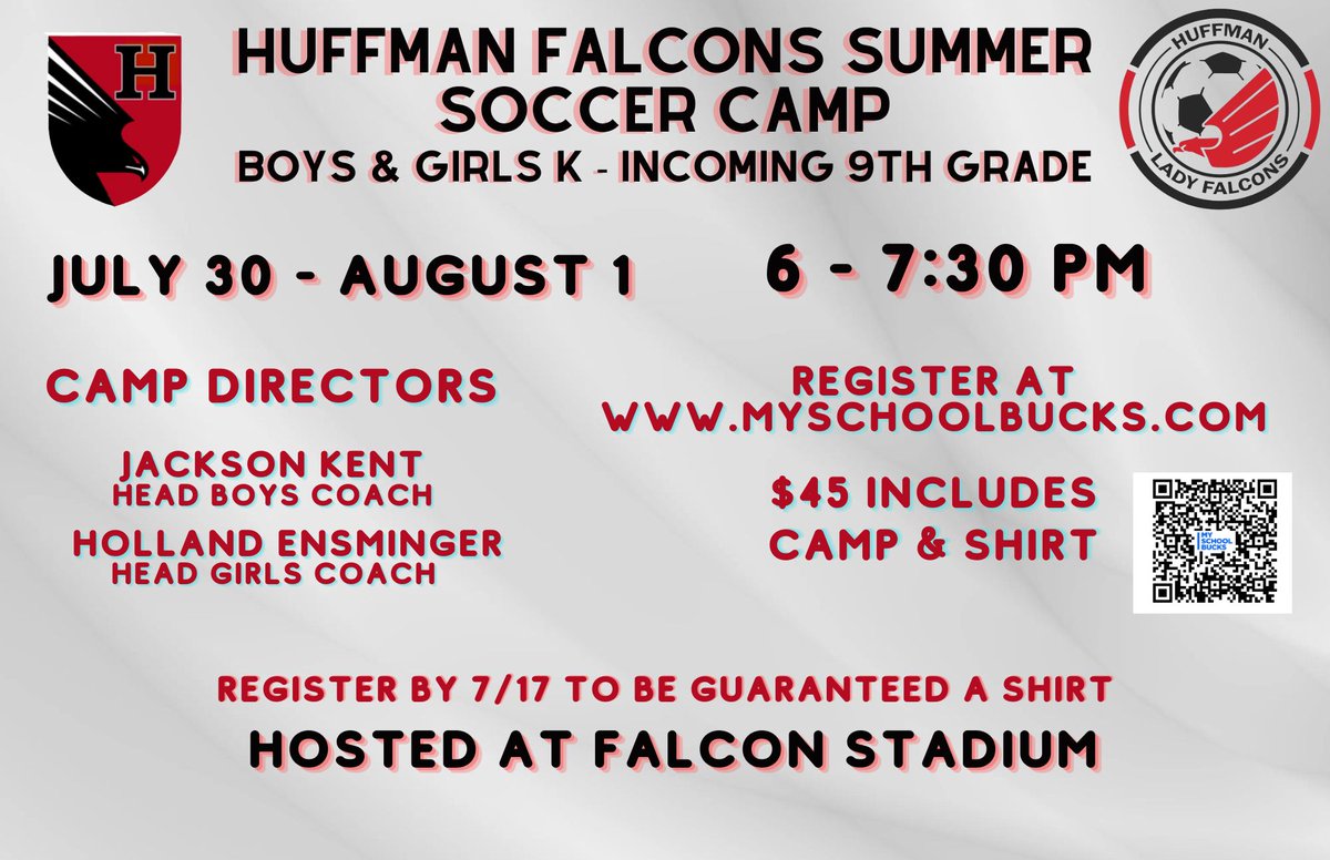 Sign up for soccer camp this summer! Register by 7/17 to be guaranteed a shirt. Link below, and QR on the flyer. Hope to see you there!

myschoolbucks.com/ver2/prdembd?r…