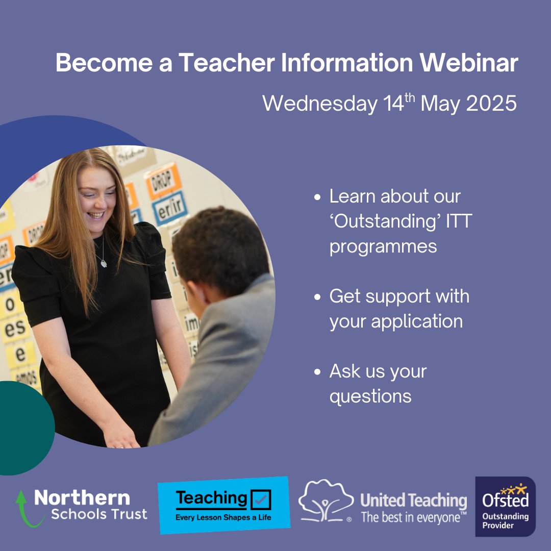Thinking of becoming a teacher?  Find out how to achieve a PGCE &amp; QTS within 12 months by joining United Teaching’s free online webinar on 14/5/25 (6-6.30pm)  👉 Register here: bit.ly/unitedteaching……
📷