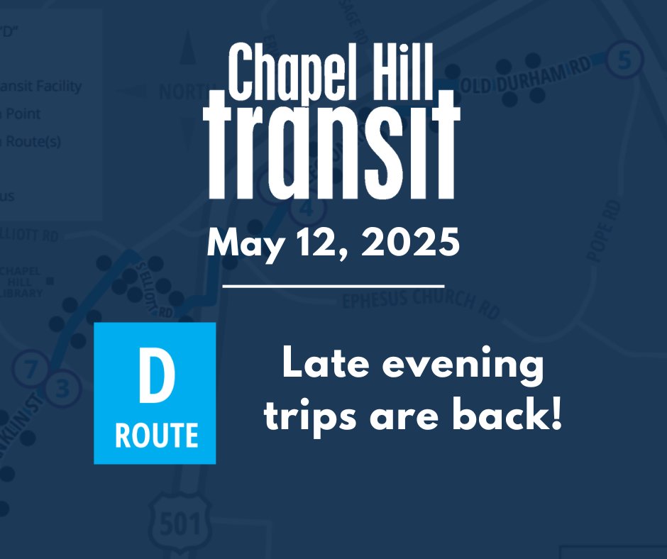 Today, we're bringing back the last two late-evening trips on our D route. The outbound 8:20pm and 9:20pm buses from the hospital are back and service now ends at 10:17pm on weekdays.