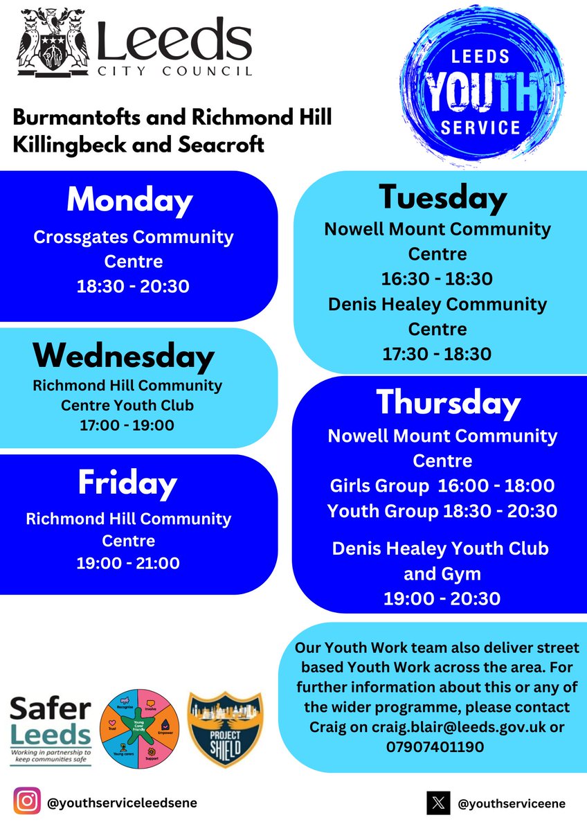 Check out our updated programme for #Burmantofts &amp; #RichmondHill, #Killingbeck &amp; #Seacroft 

All sessions are #free to attend for #Youngpeople 11-17 (or up to 25 should there be an additional need)   
 
#LeedsYouthService 
#YouthWork