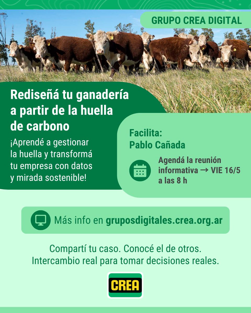 Rediseñá tu ganadería a partir de la huella de carbono 💪

A través de mediciones, ensayos y trabajo compartido, en este Grupo CREA Digital vas a aprender a:

👉 Gestionar la huella de carbono.
👉 Identificar mejoras productivas.
👉 Explorar oportunidades estratégicas como