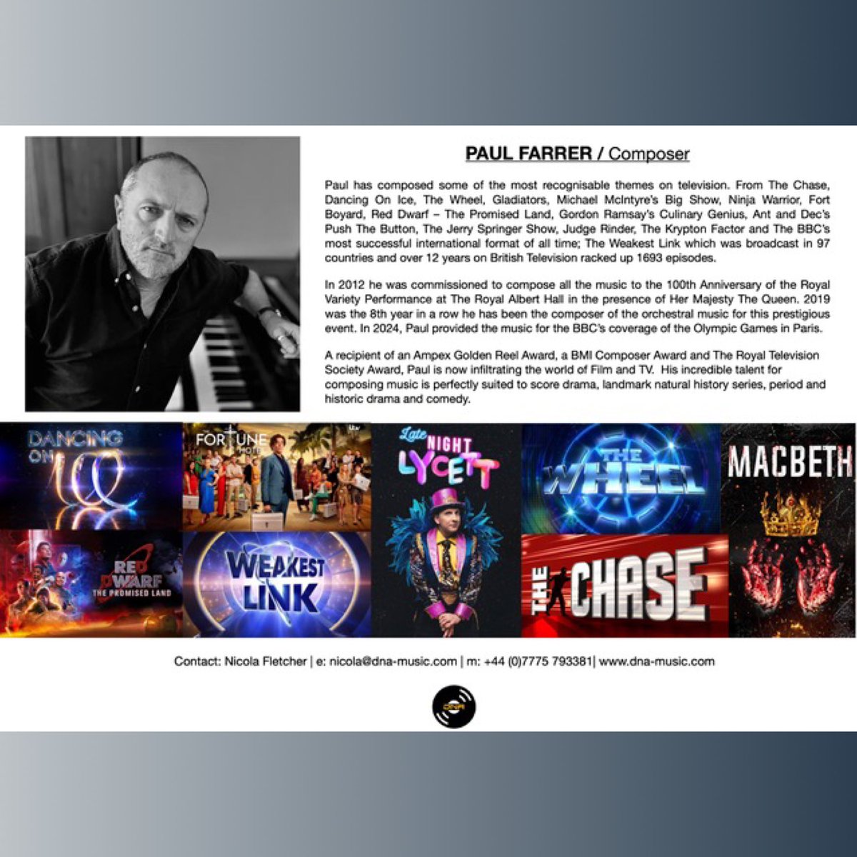 We are thrilled to announce DNA has now signed the phenomenally talented composer PAUL FARRER for representation 🙌

“Awesome music!” - Kevin Feige (President of Marvel Studios) 

“A genius. The best in the business” - Richard Osman

“An evil genius” - The Radio Times