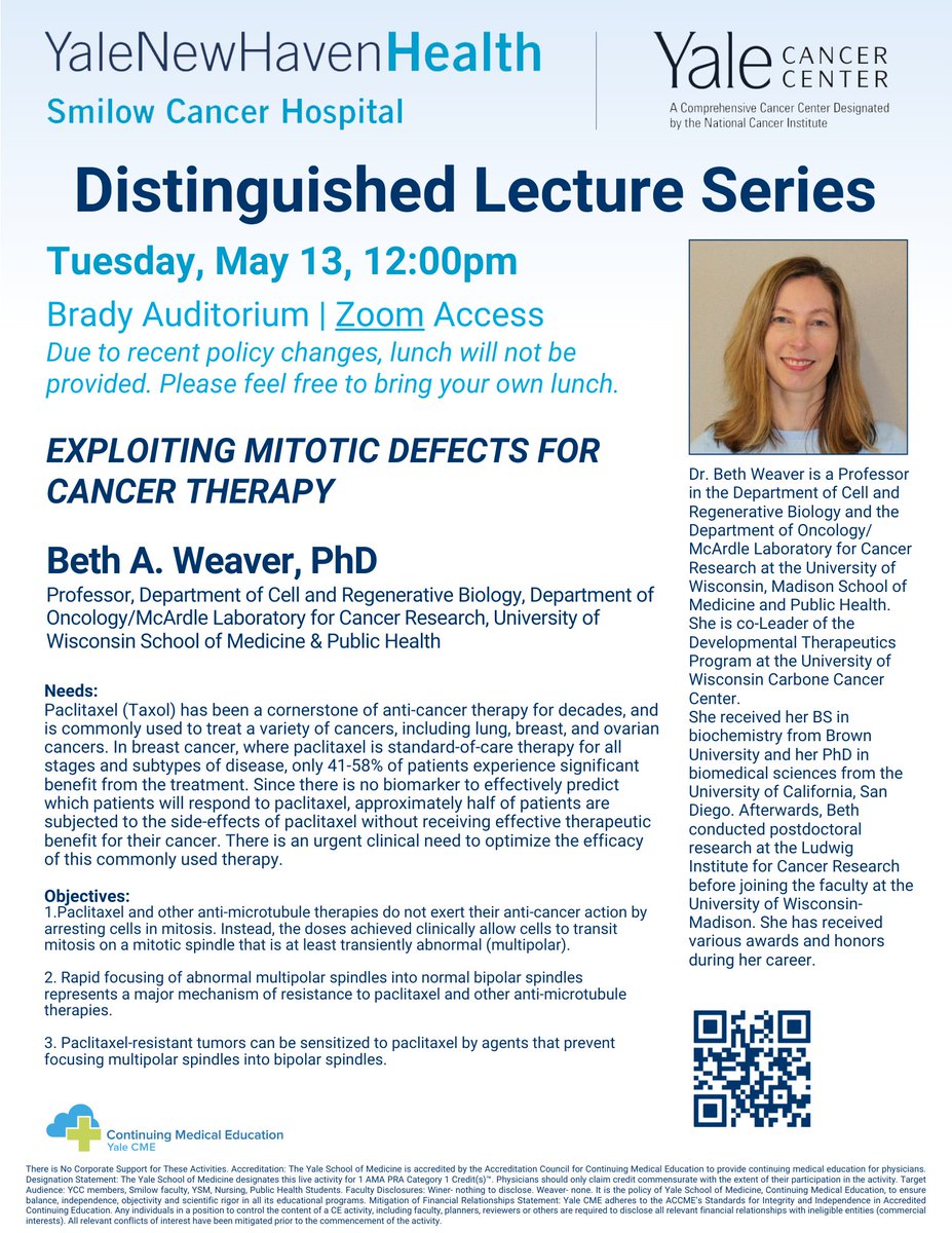 Yale Cancer Center (@yalecancer) on Twitter photo Tomorrow at 12pm, Dr. Beth Weaver <a href="/uw_medicine/">University of Wisconsin Department of Medicine</a> presents our Distinguished Lecture on the topic of "Exploiting Mitotic Defects for Cancer Therapy."
Join us in Brady Auditorium or online via Zoom: bit.ly/4mc5l5F.
<a href="/SmilowCancer/">Smilow Cancer Hospital</a> <a href="/YaleMed/">Yale School of Medicine</a> <a href="/YNHH/">Yale New Haven Hosp</a> Tomorrow at 12pm, Dr. Beth Weaver <a href="/uw_medicine/">University of Wisconsin Department of Medicine</a> presents our Distinguished Lecture on the topic of "Exploiting Mitotic Defects for Cancer Therapy."
Join us in Brady Auditorium or online via Zoom: bit.ly/4mc5l5F.
<a href="/SmilowCancer/">Smilow Cancer Hospital</a> <a href="/YaleMed/">Yale School of Medicine</a> <a href="/YNHH/">Yale New Haven Hosp</a>