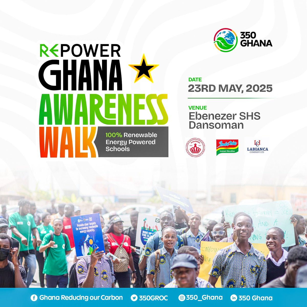 Join the REPOWER GHANA Awareness Walk!
Be part of the movement for a greener future! 350 Ghana is organizing the REPOWER GHANA Awareness Walk to promote 100% renewable energy powered schools.
Date: 23rd May, 2025 
#RepowerGhana #RenewableEnergy #CleanEnergy #GreenEnergy