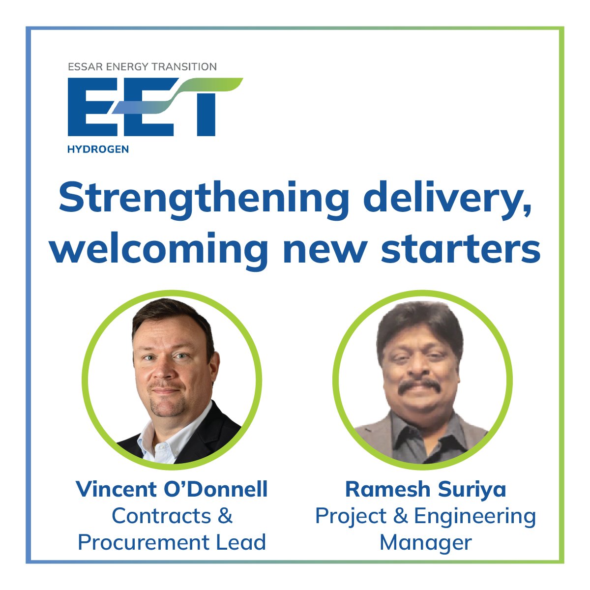 Strengthening delivery – welcome to Vincent O'Donnell, leading Contracts &amp; Procurement, and Ramesh Suriyanarayanan, our new Project and Engineering Manager.

Both joined in March to strengthen our delivery capability as our project moves from design to execution.