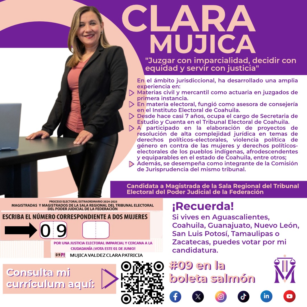 La justicia requiere experiencia, objetividad y ética.
Conoce mi #trayectoria en el ámbito jurisdiccional.
⚖️ Este 1 de junio vota 09 Clara Mujica 👩‍💻  en la boleta de las Magistraturas de la Sala Regional del Tribunal Electoral de la Federación
#JusticiaElectoral #Elecciones2025