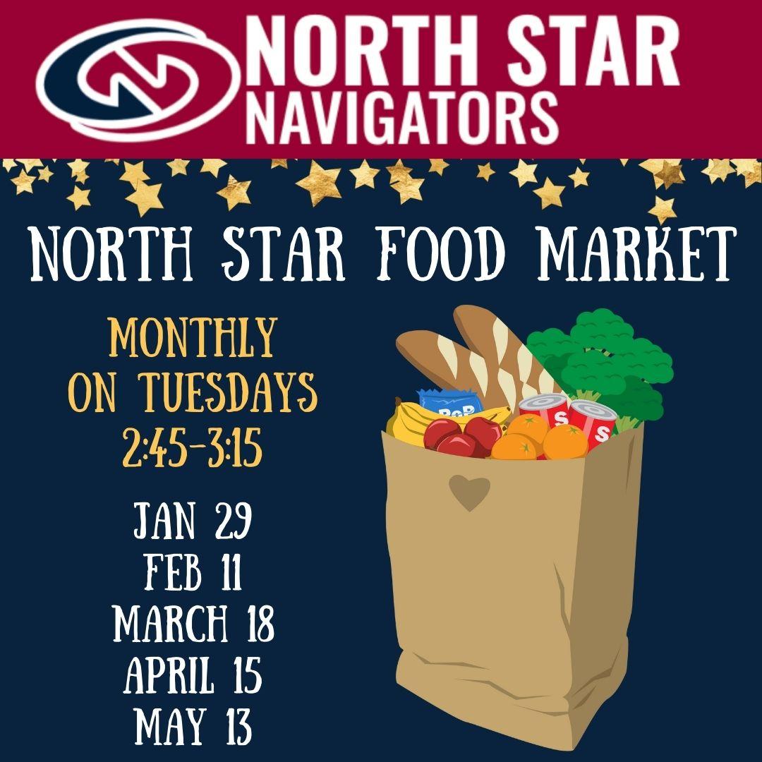 Last Food Market of the year!
The North Star Food Market will be held on Tuesday, April 15 from 2:45-3:15 in the Upper Bayou. Free food to all LNS students and families! Simply show up, sign in, and shop! 🐊🛒
