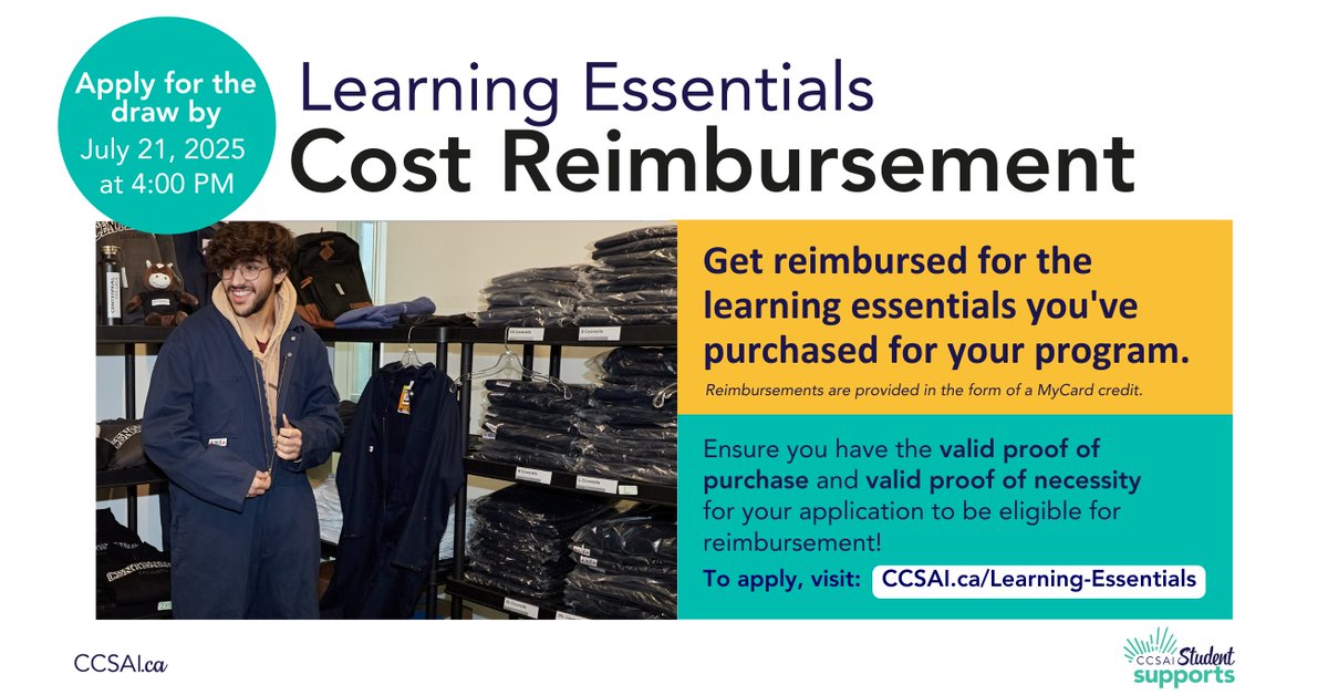 Need help covering school costs? 💸

Have you bought learning items beyond textbooks? You might qualify for reimbursement! Just upload proof of purchase + proof of necessity and fill out the form at ccsai.ca/learning-essen… ✅

#centennialcollege #CCSAI #studentsupport