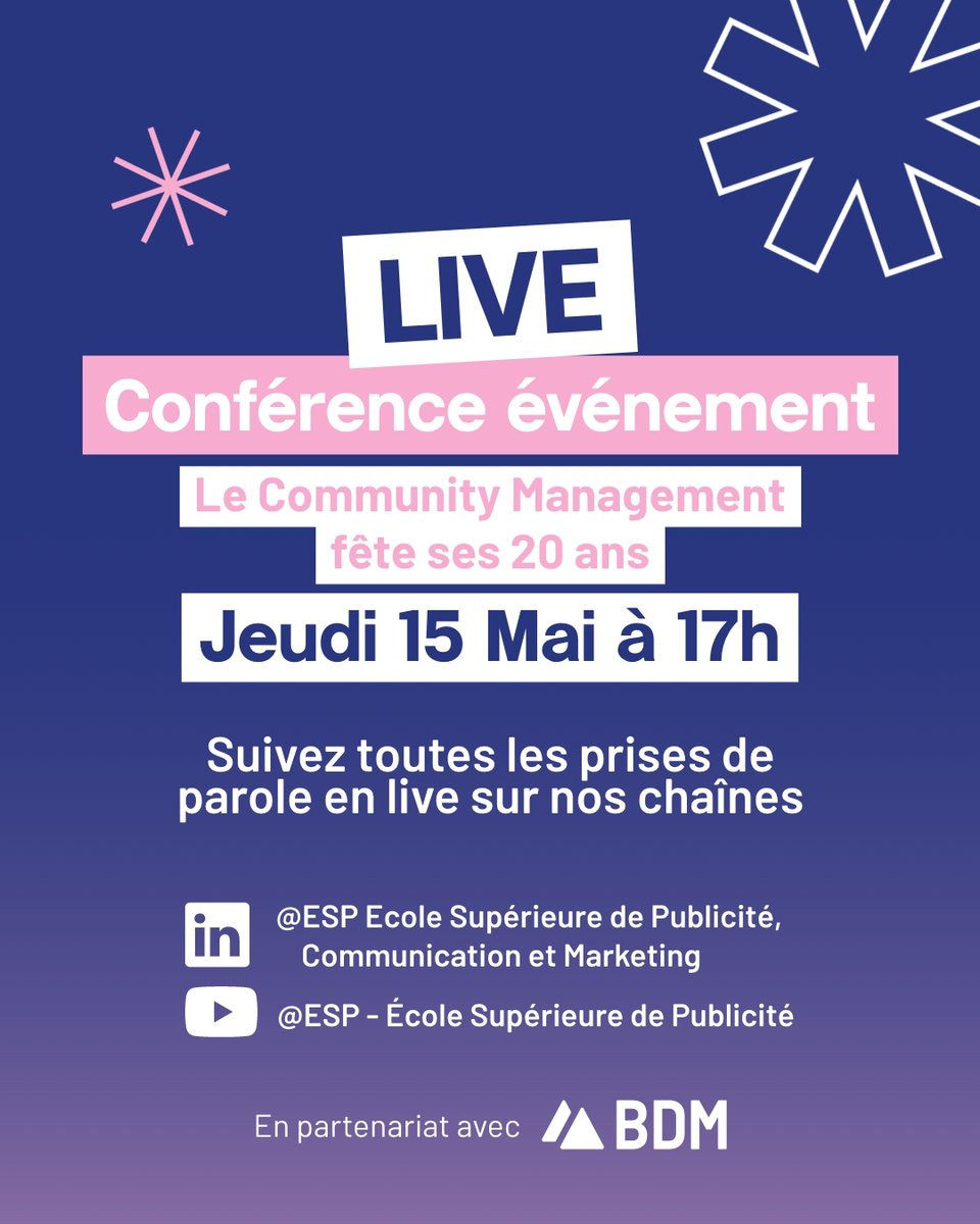 Soirée BDM <a href="/BlogModerateur/">BDM</a> : suivez-nous en direct🚀
🗓Jeudi 15 mai à 17h

➡️Sur YouTube : École Supérieure de Publicité
➡️Sur LinkedIn : Ecole Supérieure de Publicité, Communication et Marketing

Talks, tables rondes... Découvrez tout sur le Community Management avec des pros