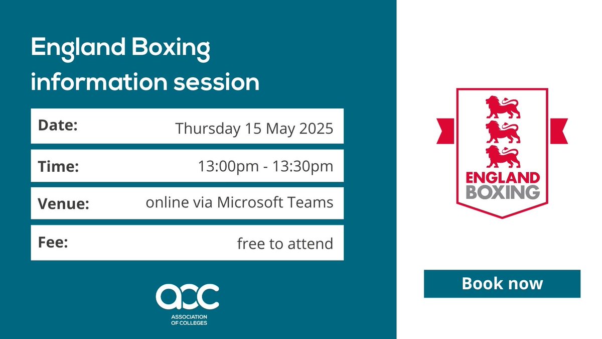 AoC Sport (@aoc_sport) on Twitter photo Join us this week for an information session with <a href="/England_Boxing/">England Boxing</a> to find out more about who they are, their participation and competitive programmes, and how colleges can introduce boxing to students or develop their existing offer.
Register here:events.teams.microsoft.com/event/2d700aaa… Join us this week for an information session with <a href="/England_Boxing/">England Boxing</a> to find out more about who they are, their participation and competitive programmes, and how colleges can introduce boxing to students or develop their existing offer.
Register here:events.teams.microsoft.com/event/2d700aaa…