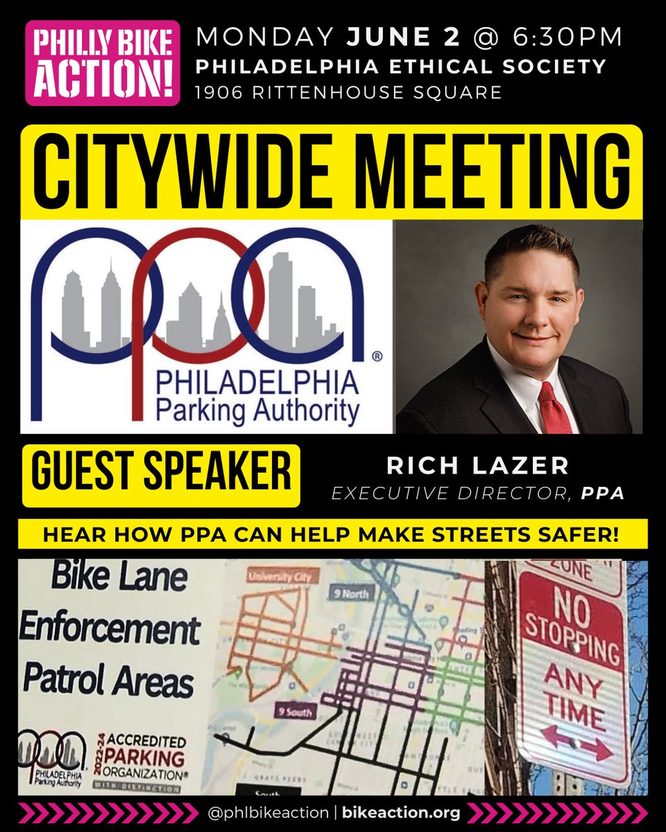 The PPA (@philaparking) on Twitter photo 📷 by <a href="/phlbikeaction/">Philly Bike Action!</a>: Our June 2nd Citywide Meeting will feature the Philadelphia Parking Authority!
Guest Speaker Rich Lazer, Executive Director of @philaparking, will join us for a discussion about new safety and mobility projects like:
- bike lane parking enforcement
- 📷 by <a href="/phlbikeaction/">Philly Bike Action!</a>: Our June 2nd Citywide Meeting will feature the Philadelphia Parking Authority!
Guest Speaker Rich Lazer, Executive Director of @philaparking, will join us for a discussion about new safety and mobility projects like:
- bike lane parking enforcement
-