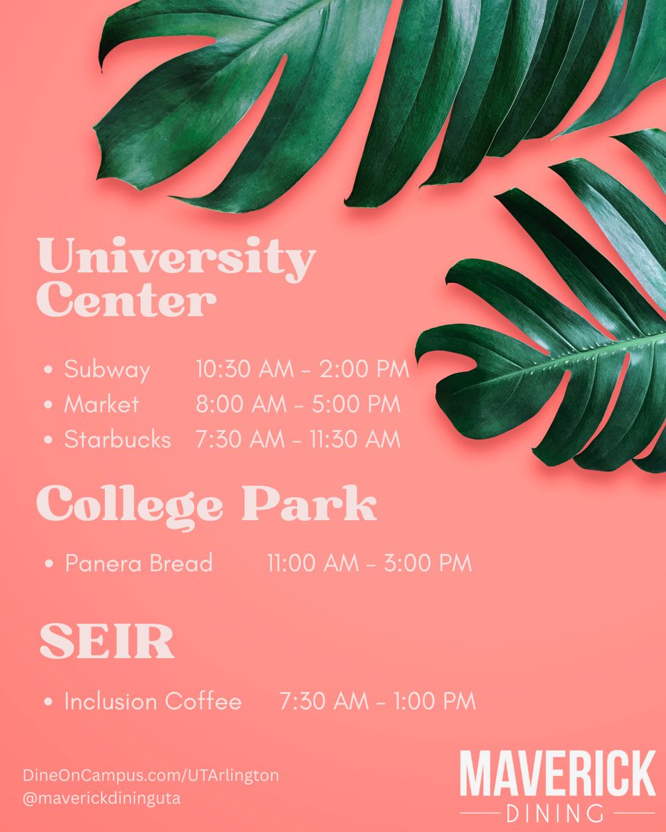 Early Summer Dining Hours Begin Today!☀️ 🌴 
Staying on campus this summer? You still have access to your favorite dining spots!

📅 Regular Summer Hours start June 1st.