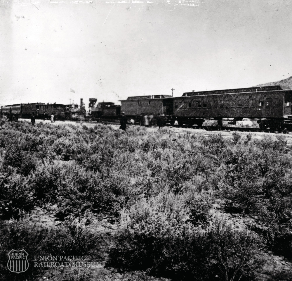 “Central Pacific CP 1 and Union Pacific, UP 119 seen at Promontory, Utah, May 10, 1869. CP 1, on the right, was pulling Central Pacific president Leland Stanford’s special train to the ceremony.