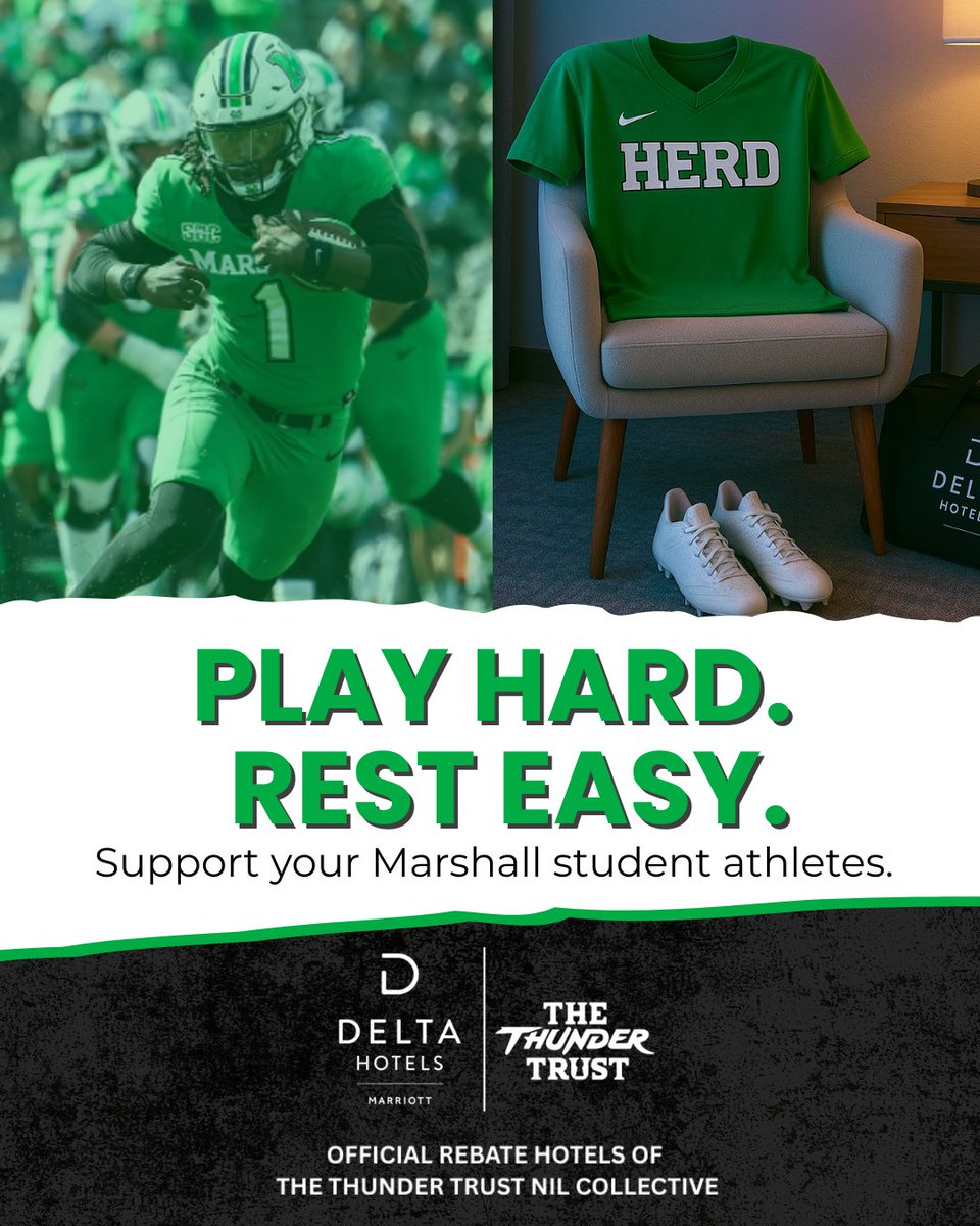 Stay with purpose—support the Herd! 💚

The Thunder Trust &amp; Delta Hotels by Marriott are launching a rebate program that gives back to Marshall athletes. Every stay at participating Delta Hotels helps fund NIL opportunities

Book @ qr.link/TVvkWK &amp; make your visit matter