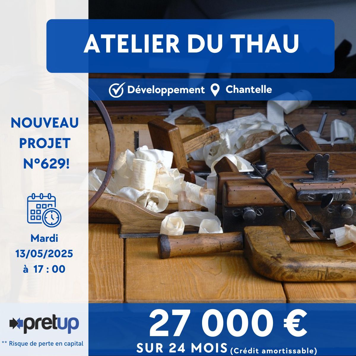 [⚡Nouveau projet n°629⚡]
Prépublication du projet "L ’ATELIER DU THAU" : 27 000€ recherchés sur 24 mois (crédit amortissable) pour financer un véhicule
Ouverture de la collecte demain à 17h 
monespace.pretup.fr/atelierduthau-…

Risque de non remboursement du capital prêté