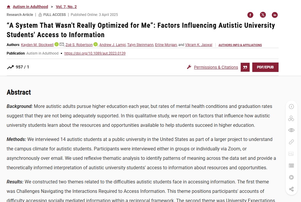 SPECIAL ISSUE ON POST-SECONDARY EDUCATION: reflexive thematic analysis by <a href="/KaydenStockwell/">Kayden Stockwell</a>  reports challenges &amp; barriers to accessing information for #autistic students. Structural changes can support inclusion <a href="/PsychologyUVA/">Department of Psychology at UVA</a> 

NEW, FREE To 16 May:

liebertpub.com/doi/10.1089/au…