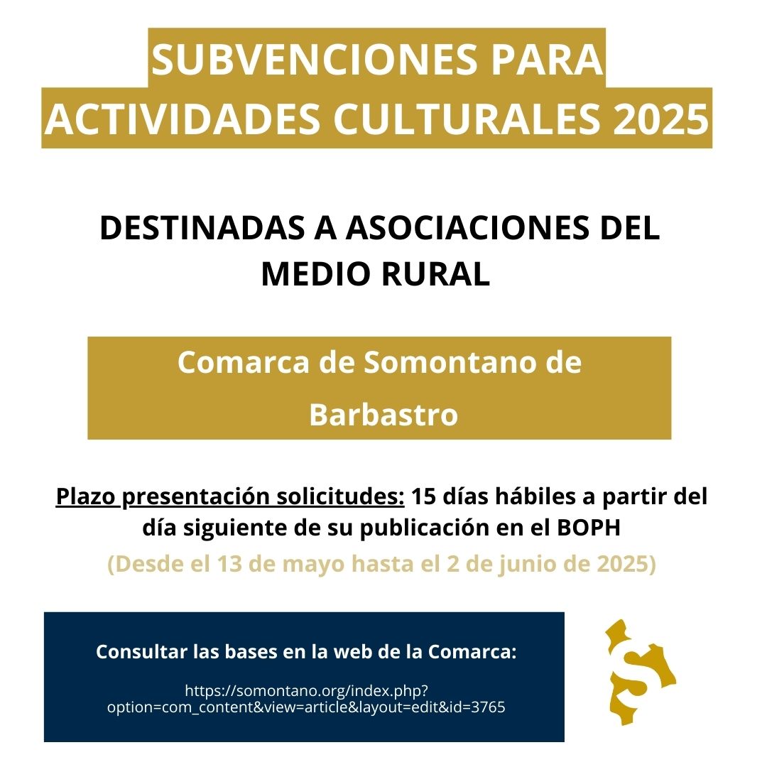 📢 Subvenciones 2025: Acciones Culturales para asociaciones rurales del Somontano (exc. Barbastro).
Apoyo a cultura local: artes escénicas, patrimonio, talleres...
📄 Consulte bases y plazos:
bit.ly/subvactividadc…
#Somontano #Subvenciones #CulturaRural #Aragon #Huesca