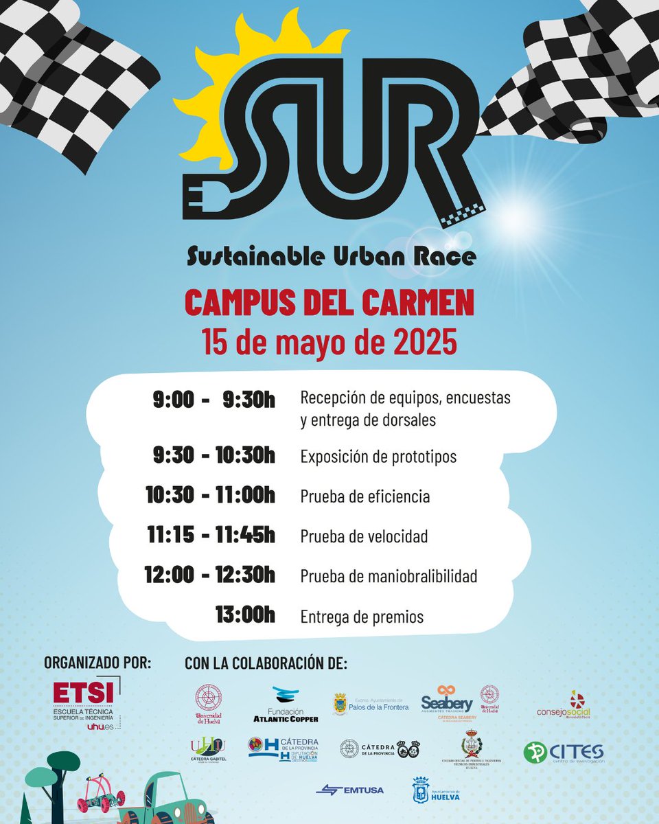 ⚡ Este jueves 15 de mayo se celebra en Huelva la Sustainable Urban Race 2025 🏁

Una jornada llena de ciencia, creatividad y energía solar ☀️ Prototipos, pruebas y premios… ¡no te lo pierdas!

#SUR25 #SustainableUrbanRace #VehículosSolares #Huelva #UHU