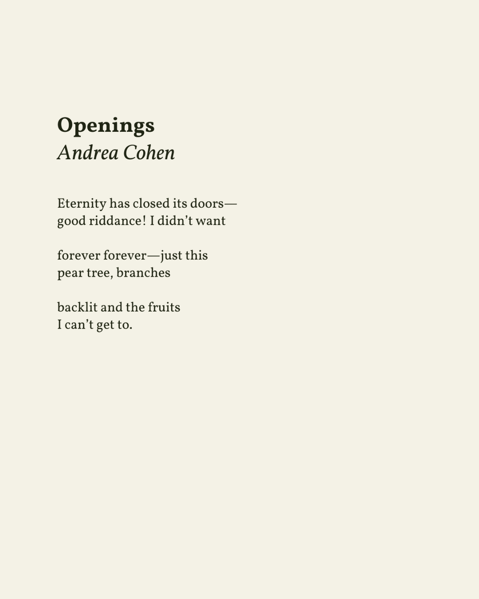“I didn’t want // forever forever”

— Andrea Cohen

.
.
.

This poem appeared in Everything by Andrea Cohen, published by Four Way Books, 2021. Shared here with deep gratitude.