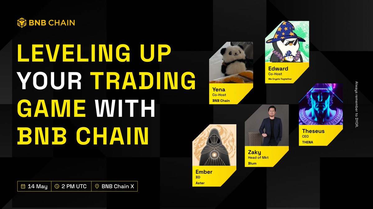 🔶 BNB 체인 한국 X 스페이스 with <a href="/Edward__Park/">✳️ Wecryptotogether!(🔴💊)🐙</a> ft. <a href="/ThenaFi_/">THENA</a> x <a href="/Aster_DEX/">Aster</a> x <a href="/blumcrypto/">Blum</a>  

여러분은 트레이딩을 어떻게 하나요? 덱스에서 봇까지, BNB 체인과 함께 배워가요! 

💡 주제: Leveling Up Your Trading Game with BNB Chain  
📅 (수) 5월 14일
⏰ 한국 시간 오후 11시 (UTC 14:00