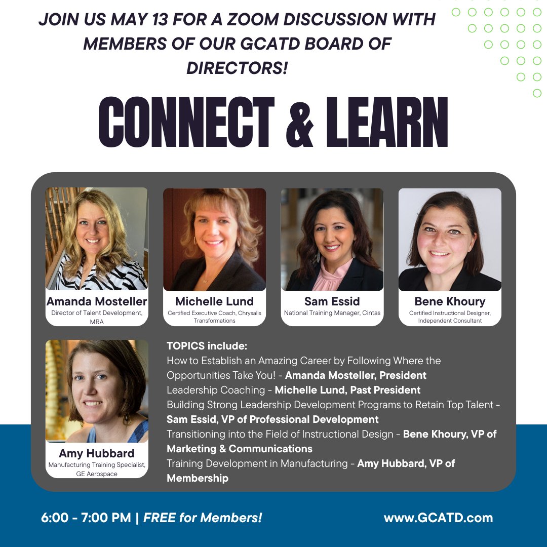 Connect &amp; Learn May 13! Online networking with a theme. This month, get to know the GCATD board of directors as they share expert topics for discussion. FREE for chapter members to attend! gcatd.org/event-6167242 #ConnectAndLearn #NetworkingOpportunities #GCATD