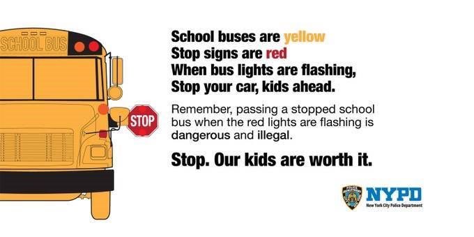 Passing a stopped school bus with flashing red lights is both dangerous and illegal.

Please remember:
🟡 School buses are yellow
🛑 Stop signs are red
🚸 Children are ahead

Stop. Our kids are worth it.
#SchoolBusSafety #NYPD #TrafficSafety