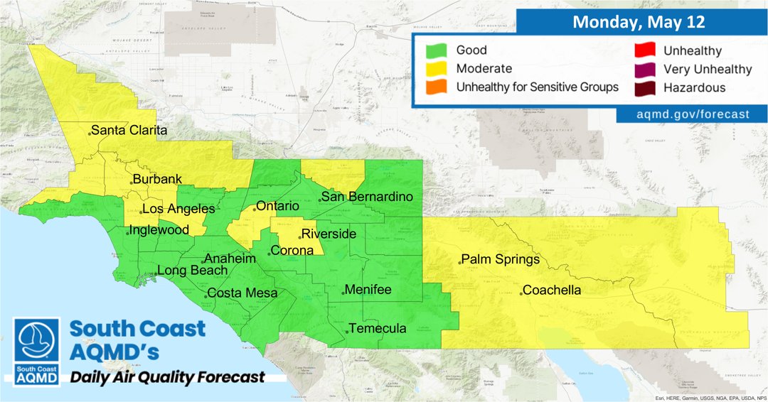 Air Quality Forecast (Monday, May 12th): aqmd.gov/forecast
🏖 Coastal: Good
🏙 LA: Good -to- Moderate
🌅 OC: Good
🌄 Inland Empire:  Good -to- Moderate
🌴 Coachella Valley: Moderate

View our Real Time AQI Map: aqmd.gov/aqimap