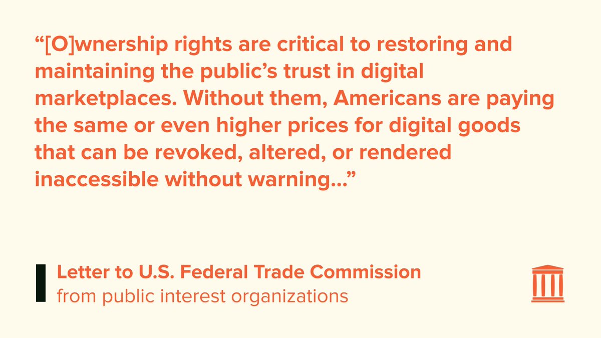 Can a digital “sale” be real if it can vanish overnight?

Senator <a href="/RonWyden/">Ron Wyden</a>, @InternetArchive, @PublicKnowledge &amp; allies are calling on the FTC to protect true ownership in the digital marketplace.

Learn more ➡️ blog.archive.org/2025/05/07/pub…