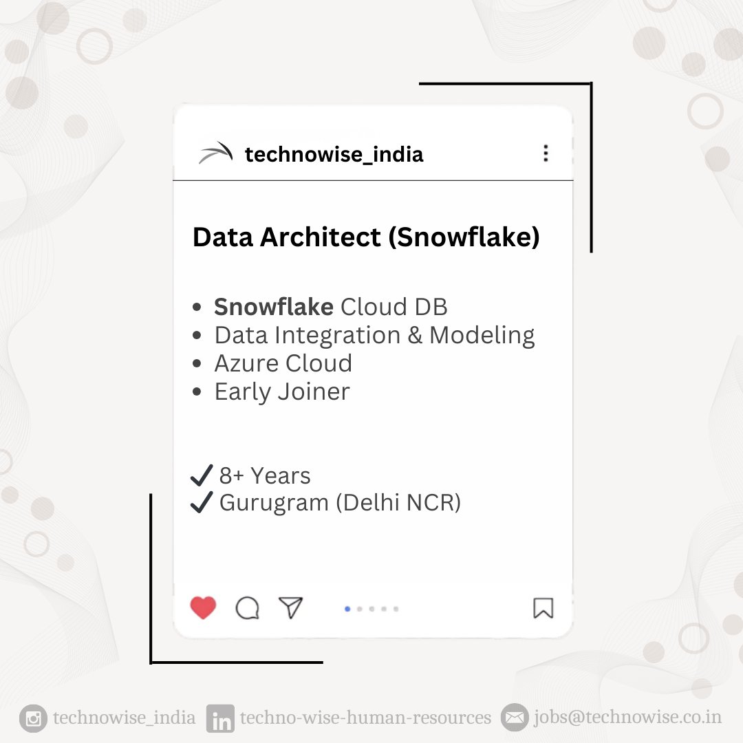TechnoWise_ind's tweet image. Hiring for Data Architect (Snowflake)
✔ 8+ years
✔ Must have experience in Snowflake
✔ Data Management, Modeling, and Integration
✔ Azure Cloud
📍Gurugram
#DataModeler #Snowflake #Erwin #BigData #SnowflakeCloud #DataArchitect #Azure #Jobs
Follow: #TechnoWise_India