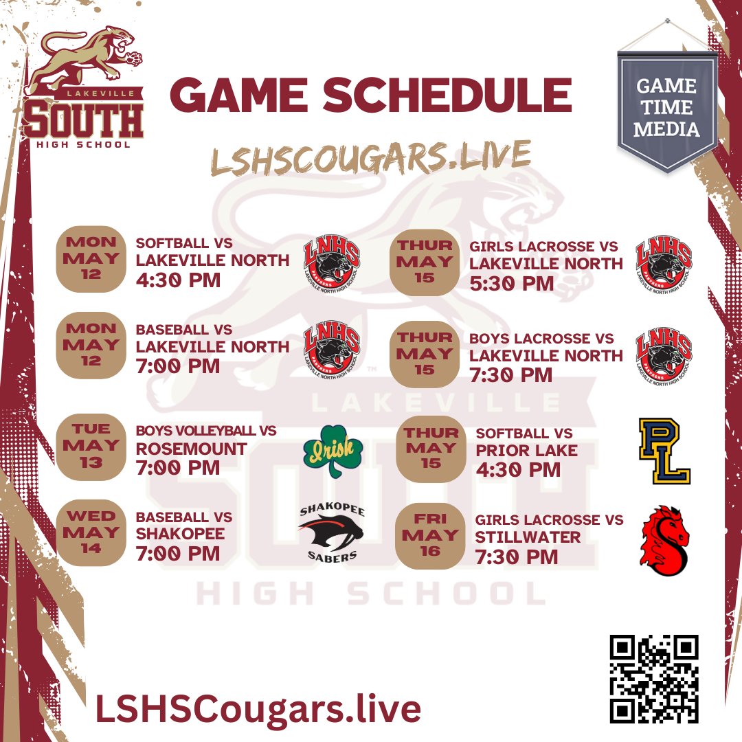 Cougars hit the field and court this week! ⚾🥎🥍🏐
5/12–5/16: Softball, Baseball, Lacrosse, Boys Volleyball.
Watch live: LSHSCougars.Live

#LakevilleSouth #MNHighSchoolSports