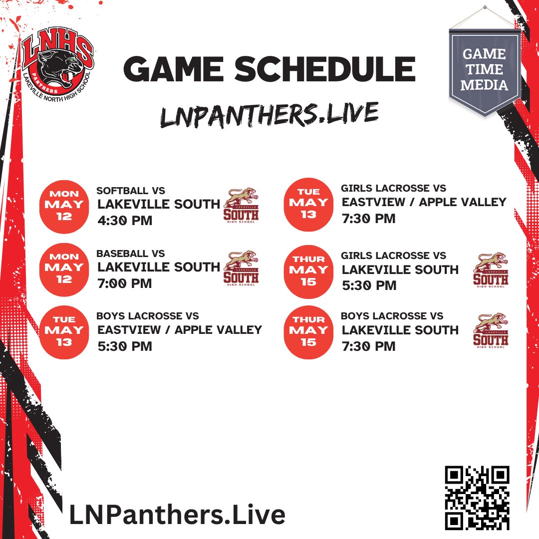 Panther pride on full display this week! ⚾🥎🥍
5/12–5/15: Baseball, Softball, Lacrosse.
Watch live: LNPanthers.Live

#LakevilleNorth #MNHighSchoolSports