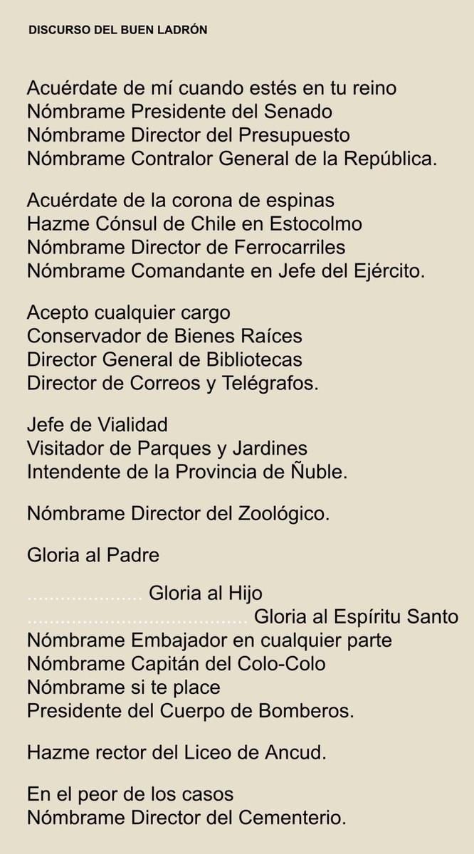 Economista Flaite (@economistflaite) on Twitter photo Uta que escribía bien Don Nica. Su poema “Discurso del Buen Ladrón” es una joya. La Josefina Huneeus la hija de la <a href="/mmlagoscc/">Marta Lagos</a> le agregó una nueva estrofa:
“A Mejor Niñez, al Minsal, me da lo mismo, hueón donde sea, me importa un huevo.” Uta que escribía bien Don Nica. Su poema “Discurso del Buen Ladrón” es una joya. La Josefina Huneeus la hija de la <a href="/mmlagoscc/">Marta Lagos</a> le agregó una nueva estrofa:
“A Mejor Niñez, al Minsal, me da lo mismo, hueón donde sea, me importa un huevo.”
