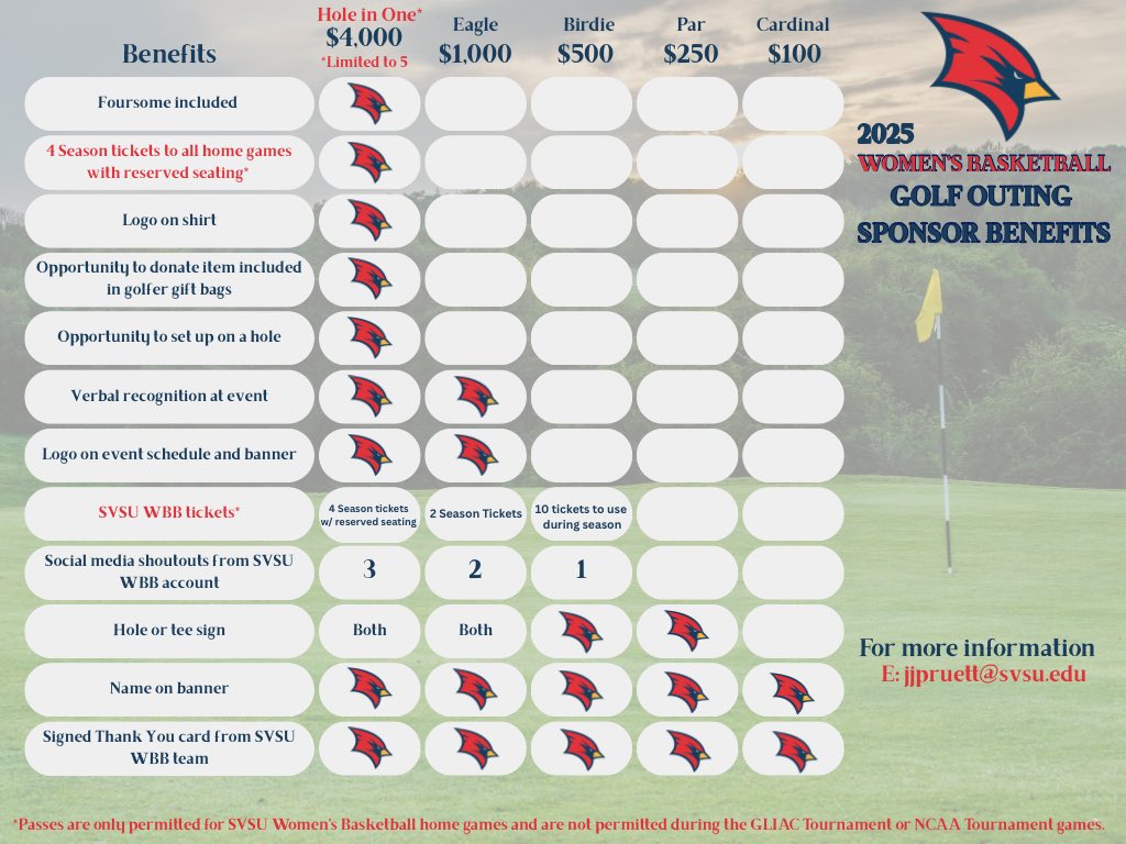Registration to our 3rd annual Golf Outing is Live! Go to svsu.edu/wbbgolf to sign your team up! 

Also, you can become a sponsor if you’d like! Please see the sponsor page below and DM me if you have any questions! Go Cards!!
