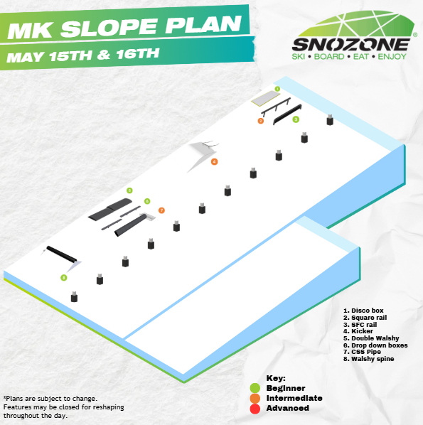 Our park team have been busy designing this week's freestyle park plan. 
Which features are you most excited to ride? 

Feature 1 ( The disco box ) will be staying out on the slope  from the 17th - 21st of May so that you can practice your tricks all week long!