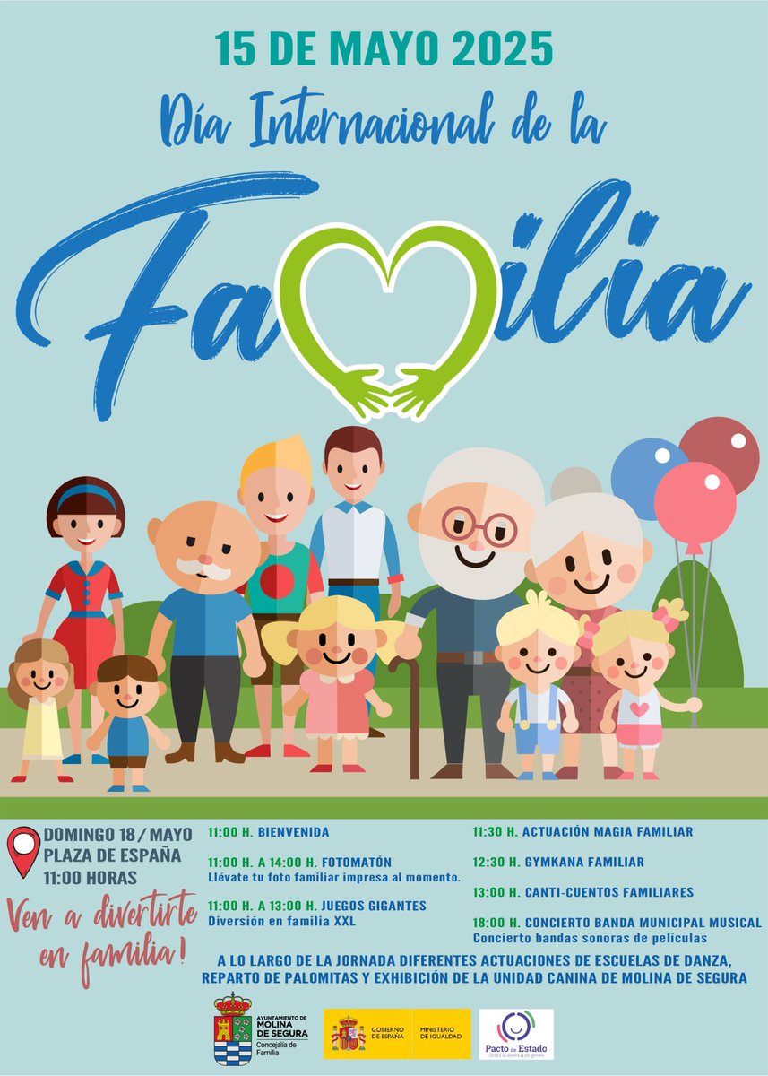 ¡Celebra el Día Internacional de la Familia a lo grande en Molina de Segura! 🎉 Este domingo 18 de mayo te esperan un montón de actividades divertidas en la Plaza de España a partir de las 11:00h ¡y concierto de bandas sonoras de películas! ¡No te lo pierdas! 👨‍👩‍👧‍👦🎈