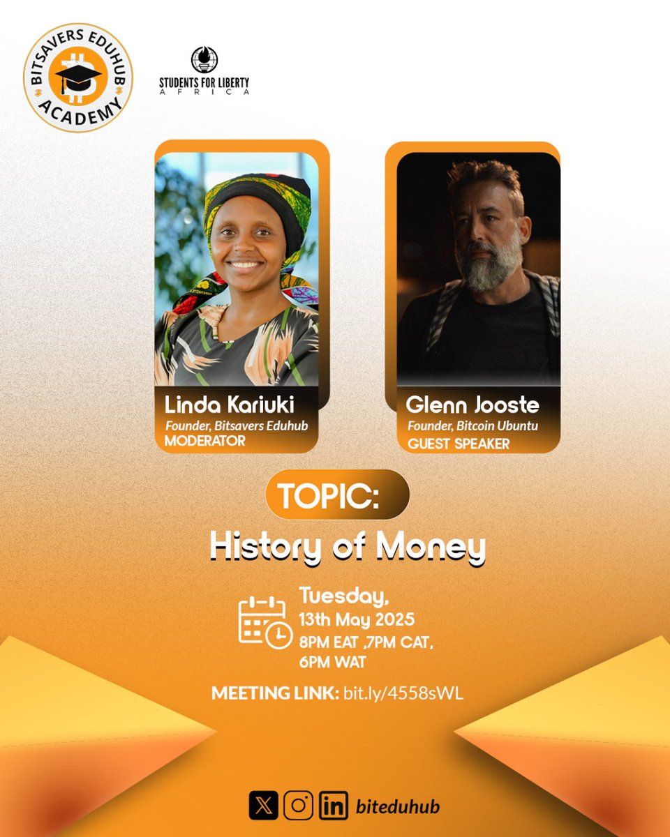 BitEduhub's tweet photo. Tomorrow, we will be Exploring the History of Money with Glenn Jooste of @BitcoinUbuntu! 
From the origins of trade to the evolution of currencies and then to #Bitcoin. This session will  shed light on the past, present, and future of money.
join us here: https://t.co/53KaRvOjDq https://t.co/bRpsTdGXS3