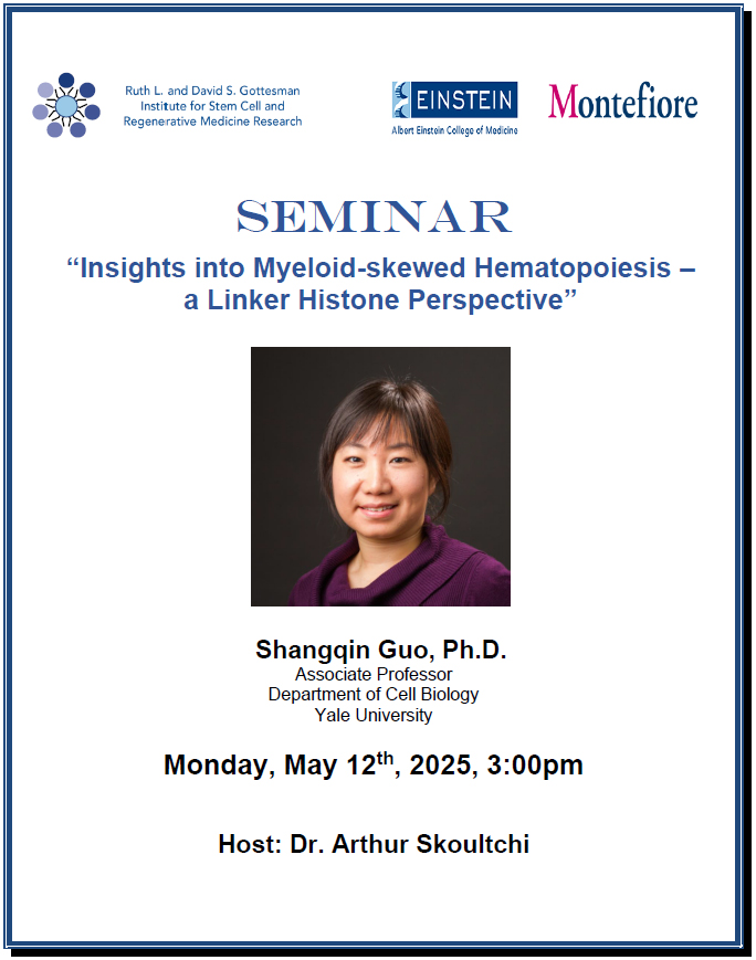 EinsteinSCI (@einstein_sci) on Twitter photo Excited to host Dr. Shangqin Guo (<a href="/GuoLabatYale/">GuoLabatYale</a>) from <a href="/Yale/">Yale University</a> today at 3 PM for our <a href="/Einstein_SCI/">EinsteinSCI</a> seminar! She’ll explore the molecular basis of cell fate plasticity, cycle speed, and chromatin in myeloid-skewed hematopoiesis. Hosted by Dr. Skoultchi. <a href="/EinsteinCellBio/">EinsteinCellBio</a> <a href="/EinsteinMed/">Albert Einstein College of Medicine - Official</a> Excited to host Dr. Shangqin Guo (<a href="/GuoLabatYale/">GuoLabatYale</a>) from <a href="/Yale/">Yale University</a> today at 3 PM for our <a href="/Einstein_SCI/">EinsteinSCI</a> seminar! She’ll explore the molecular basis of cell fate plasticity, cycle speed, and chromatin in myeloid-skewed hematopoiesis. Hosted by Dr. Skoultchi. <a href="/EinsteinCellBio/">EinsteinCellBio</a> <a href="/EinsteinMed/">Albert Einstein College of Medicine - Official</a>