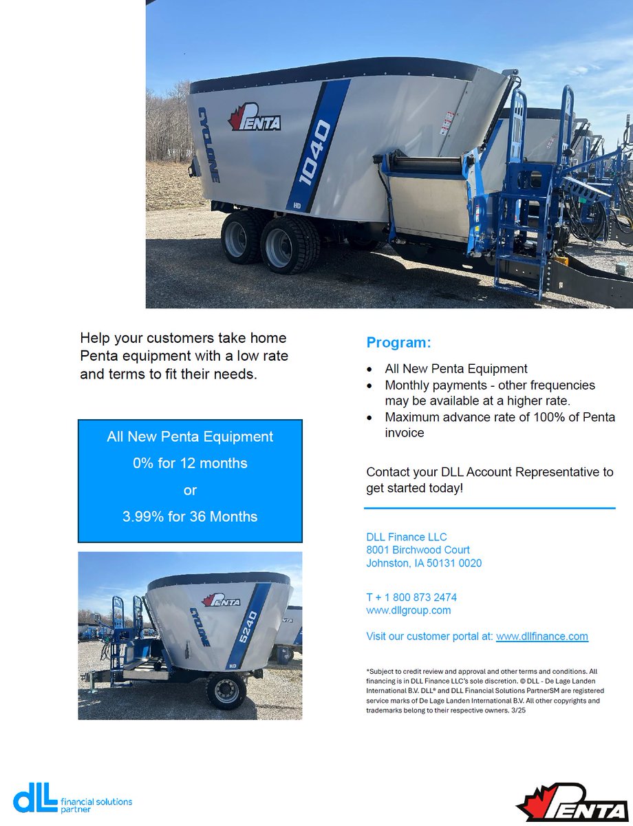 REMINDER: Extended financing options are available on ALL NEW Penta equipment through DLL Financial Solutions Partner.

If you’ve been thinking about adding to your lineup, now’s a great time to make a move.

📎See flyer for full details
📞Questions? Give us a call!