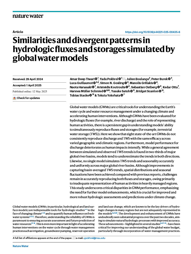 Amar Deep Tiwari (@amardeepttiwari) on Twitter photo New paper out in Nature Water <a href="/NatureWaterJnl/">Nature Water</a>
"Similarities and divergent patterns in hydrologic fluxes and storages simulated by global water models"
Link: nature.com/articles/s4422…
Open access: rdcu.be/elFCE
#Hydrology #WaterResources #Water #Modeling New paper out in Nature Water <a href="/NatureWaterJnl/">Nature Water</a>
"Similarities and divergent patterns in hydrologic fluxes and storages simulated by global water models"
Link: nature.com/articles/s4422…
Open access: rdcu.be/elFCE
#Hydrology #WaterResources #Water #Modeling