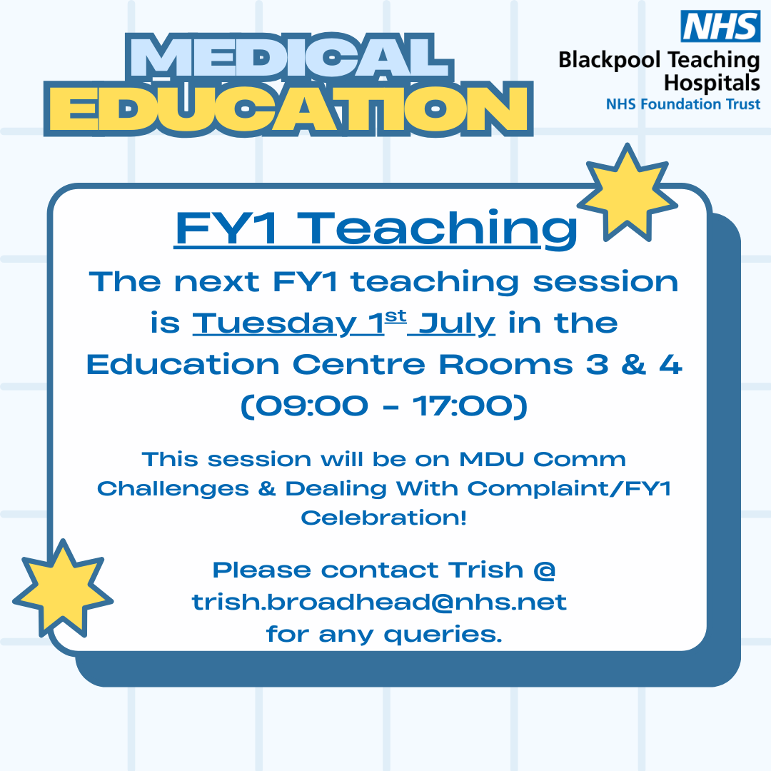 ‼️FY1 Doctors‼️

Your next teaching session will be Tuesday 1st July. Please arrive at the Education Centre by 8:45am ⏰

Please refer to our room bookings screen in the Education Centre for any room changes on the day.
