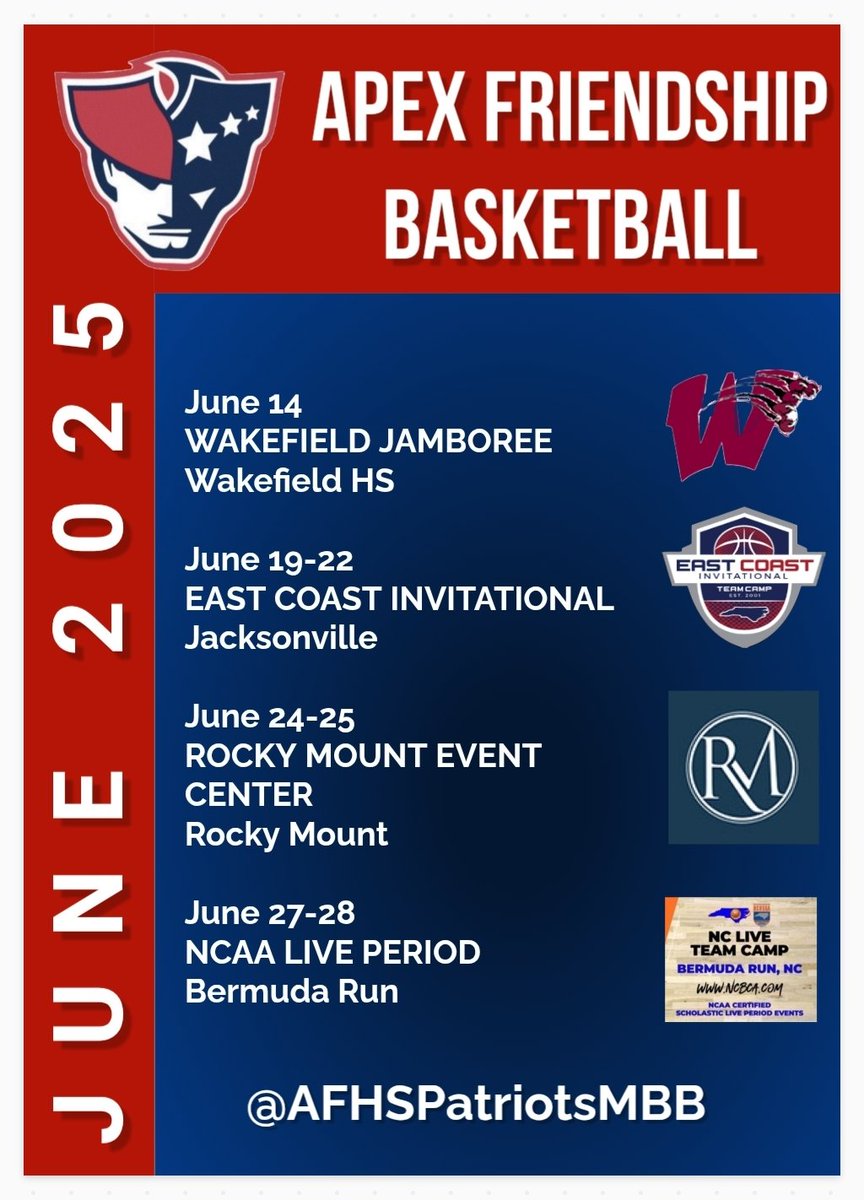 Coach PJ Lowman (@coachpjlowman) on Twitter photo Another active and super competitive June event schedule for <a href="/AFHSPatriotsMBB/">Apex Friendship Patriots Basketball</a>! Another active and super competitive June event schedule for <a href="/AFHSPatriotsMBB/">Apex Friendship Patriots Basketball</a>!