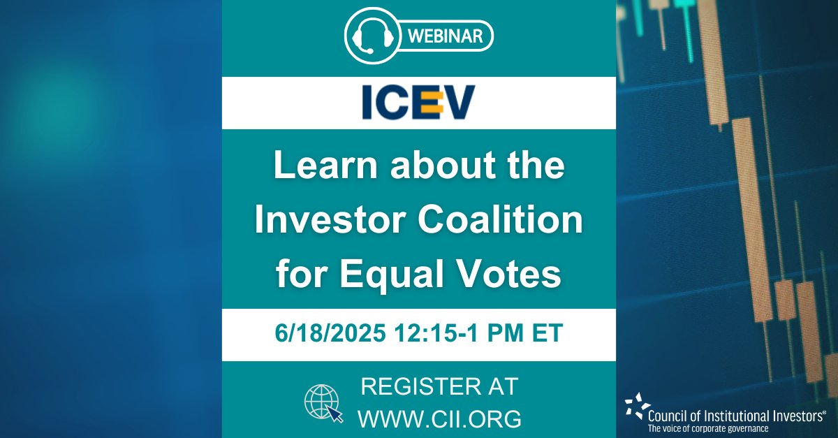Council of Institutional Investors (@councilinstinv) on Twitter photo The Investor Coalition for Equal Votes (ICEV) advances market participant dialogue toward long-term parity between public company insiders' equity stakes and voting power. Interested in attending? Please email Events@cii.org for more information. The Investor Coalition for Equal Votes (ICEV) advances market participant dialogue toward long-term parity between public company insiders' equity stakes and voting power. Interested in attending? Please email Events@cii.org for more information.