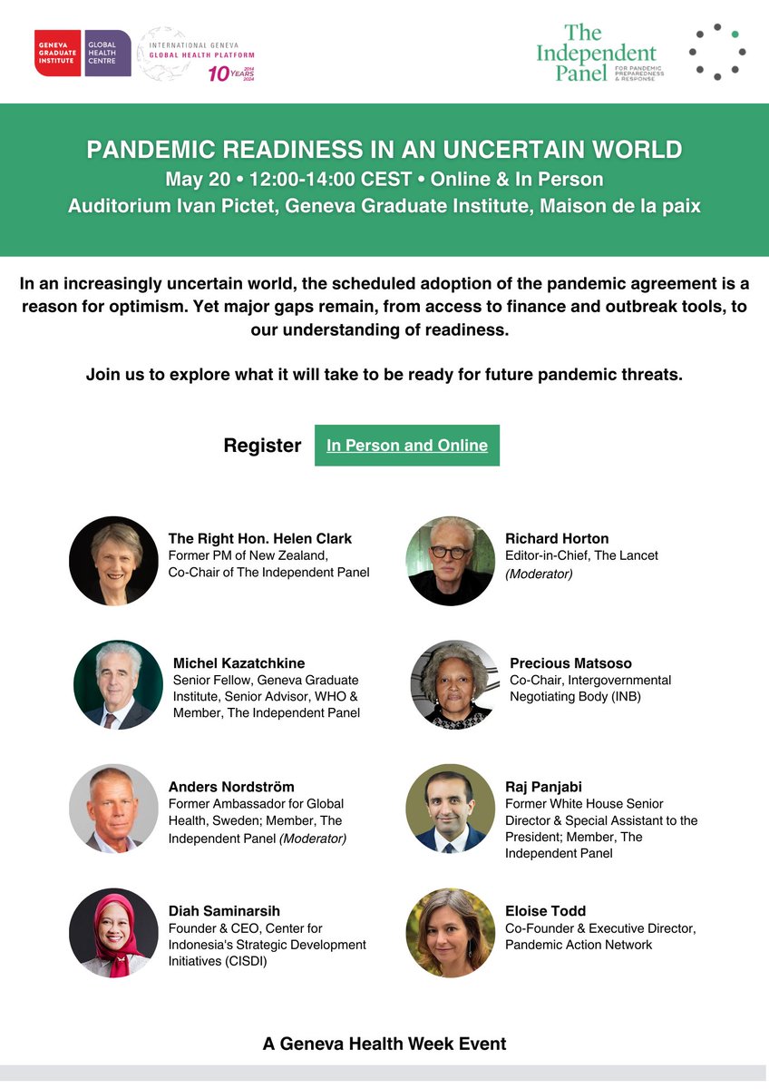 The Independent Panel (@theindpanel) on Twitter photo The #WHA78 approaches & important decisions will be made to #PreventPandemics.
Join on May 20th in Geneva or online, where <a href="/HelenClarkNZ/">Helen Clark</a> & fellow pandemic experts discuss how to make more progress on issues like finance, in an uncertain world.
👉 bit.ly/4jU2hJU The #WHA78 approaches & important decisions will be made to #PreventPandemics.
Join on May 20th in Geneva or online, where <a href="/HelenClarkNZ/">Helen Clark</a> & fellow pandemic experts discuss how to make more progress on issues like finance, in an uncertain world.
👉 bit.ly/4jU2hJU