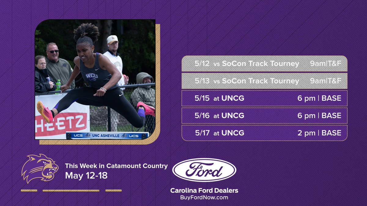 Western Carolina Athletics (@catamounts) on Twitter photo FANS!!! This Week in #CatamountCountry began earlier today with <a href="/catamountxctf/">Western Carolina University XC & Track</a> at the <a href="/SoConSports/">The Southern Conference</a> Championship in Alabama.
<a href="/CatamountBSB/">Western Carolina Baseball</a> is slated to close out the regular season beginning on Thursday in Greensboro. FANS!!! This Week in #CatamountCountry began earlier today with <a href="/catamountxctf/">Western Carolina University XC & Track</a> at the <a href="/SoConSports/">The Southern Conference</a> Championship in Alabama.
<a href="/CatamountBSB/">Western Carolina Baseball</a> is slated to close out the regular season beginning on Thursday in Greensboro.