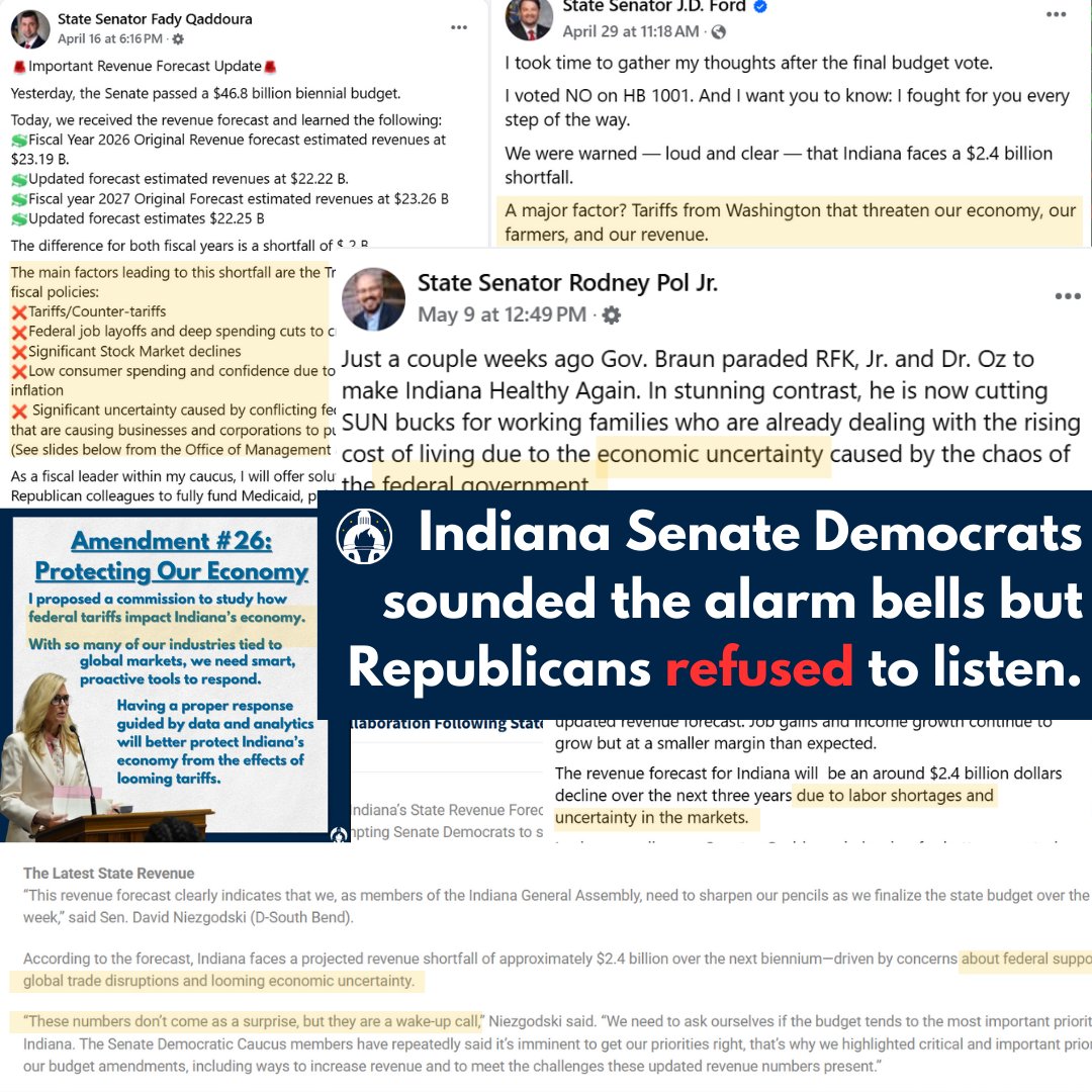 INSenDems's tweet image. Senate Democrats warned about reckless tariffs. Republicans refused to listen.
Now Hoosier families face $4.6K in new costs and thousands of lost jobs.
We deserve leaders who act before the damage is done — not after.
🧠 Remember. 🗳️ Hold them accountable. bit.ly/45cMCka