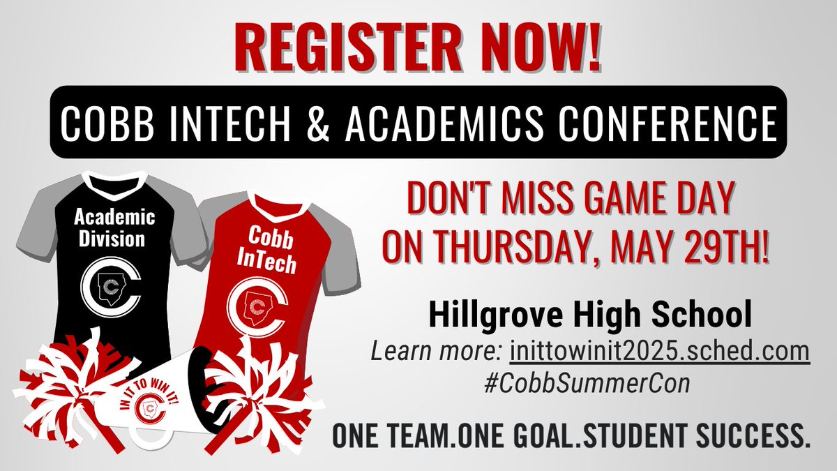 CobbInTech (@cobbintech) on Twitter photo Registration closes TODAY for the #CobbInTech & <a href="/cobbacademics/">Academic Divison</a> Conference!
Sign up to attend on May 29th at Hillgrove High School from 9am to 3pm for a day focused on teaching, instructional technology, and student engagement.
inittowinit2025.sched.com
#CobbInTech #CobbSummerCon Registration closes TODAY for the #CobbInTech & <a href="/cobbacademics/">Academic Divison</a> Conference!
Sign up to attend on May 29th at Hillgrove High School from 9am to 3pm for a day focused on teaching, instructional technology, and student engagement.
inittowinit2025.sched.com
#CobbInTech #CobbSummerCon